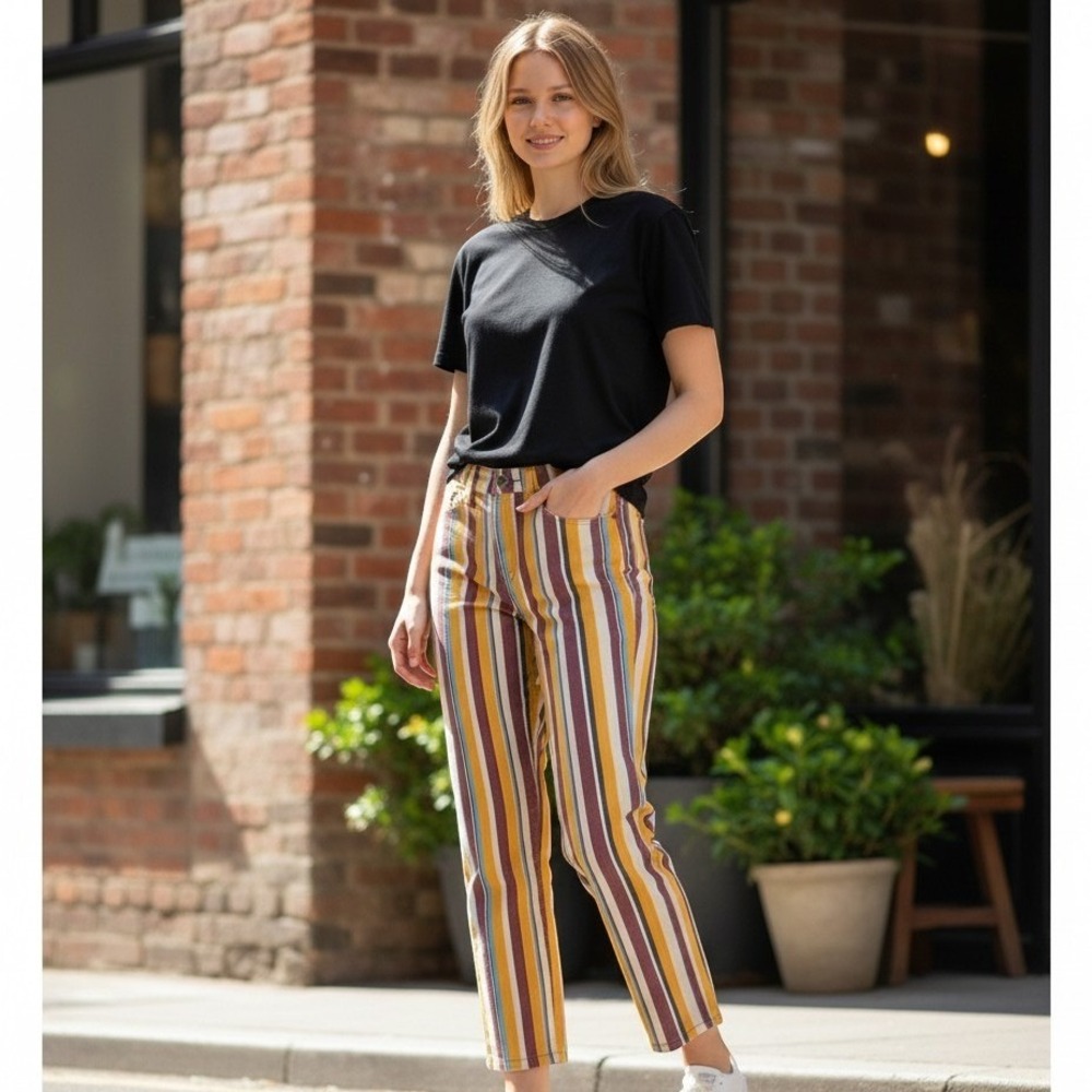 Frame Women Le High Straight Jeans 28 Yellow Multi Stripe Cotton Painterly Artsy